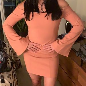 Mauve or soft pink off shoulder dress